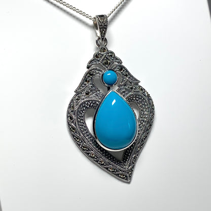 Fancy Real Turquoise Drop Sterling Silver Necklace