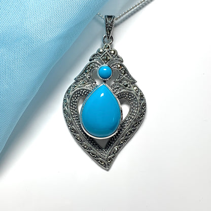 Fancy Real Turquoise Drop Sterling Silver Necklace