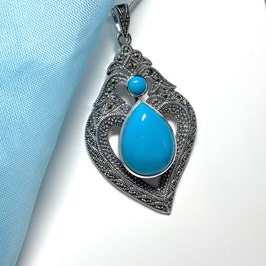 Large Fancy Turquoise Pear Drop and Round Sterling Silver Necklace
