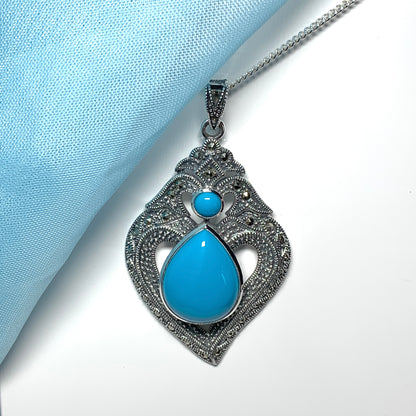 Fancy Real Turquoise Drop Sterling Silver Necklace