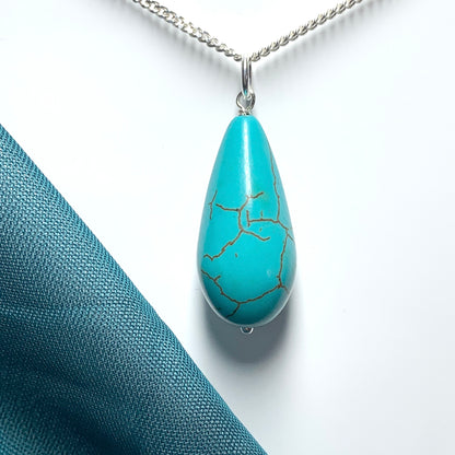 Large turquoise pear drop sterling silver necklace