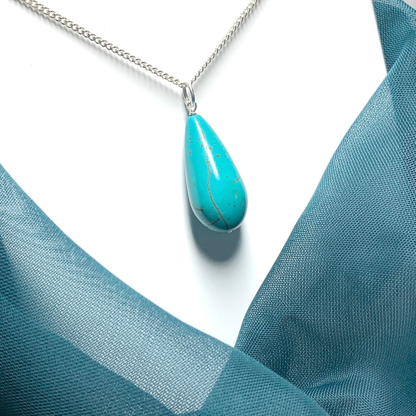 Large Turquoise Tear Drop Sterling Silver Necklace