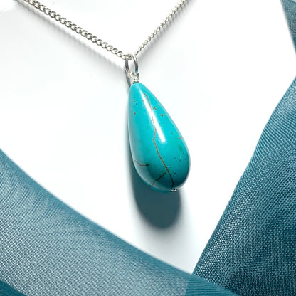 Large Turquoise Tear Drop Sterling Silver Necklace