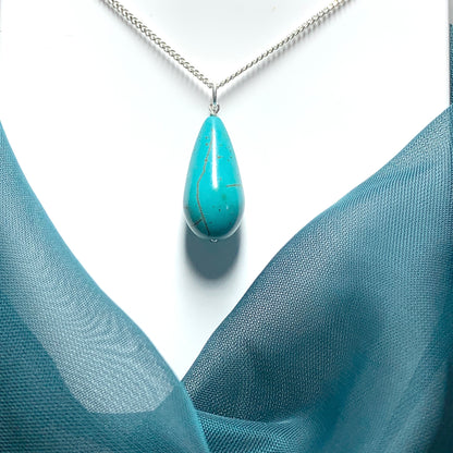 Large Turquoise Tear Drop Sterling Silver Necklace