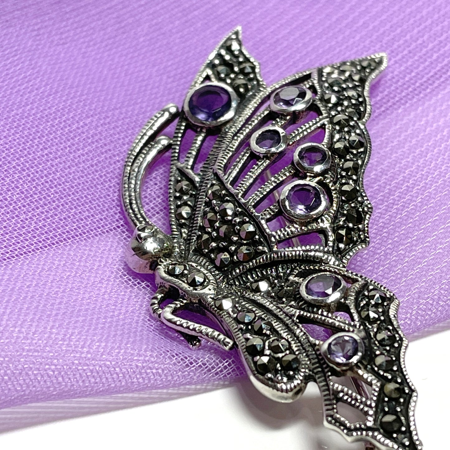 Large butterfly brooch amethyst and marcasite