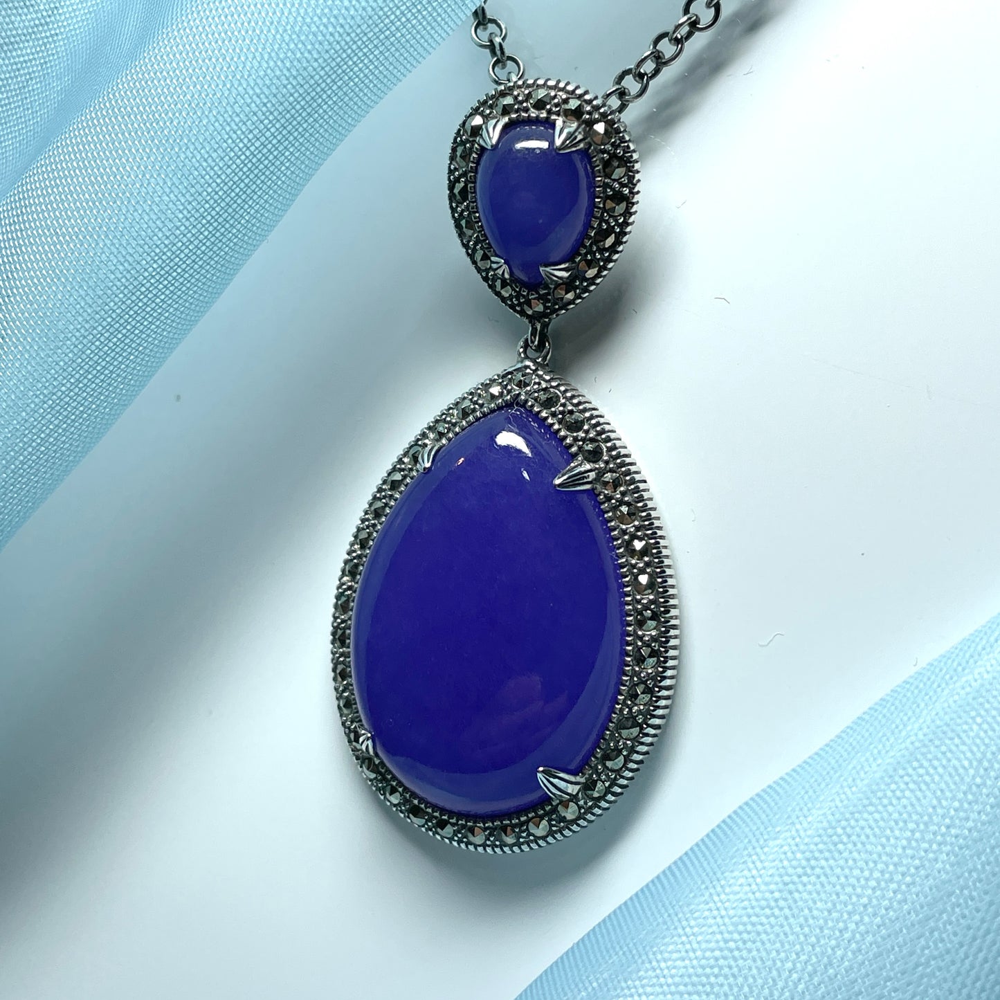 Large marcasite and purple lavender quartz sterling silver pear shaped teardrop necklace pendant