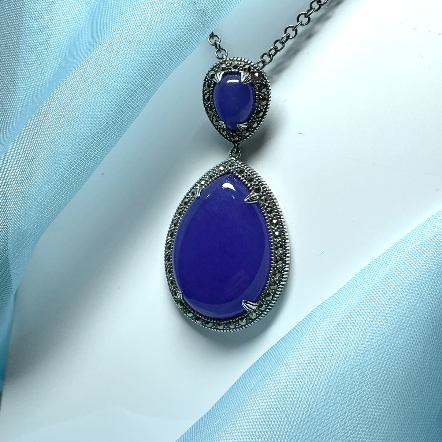 Large marcasite and purple lavender quartz sterling silver pear shaped teardrop necklace pendant