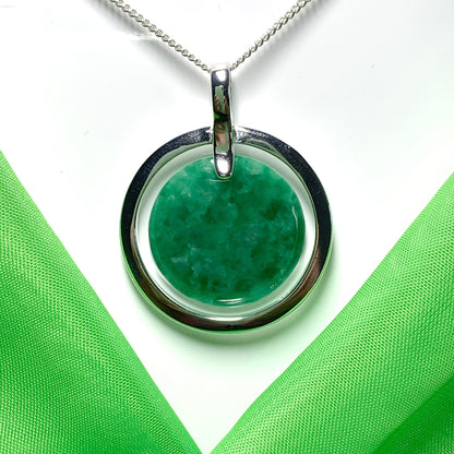 Large silver round shaped dark green real jade necklace