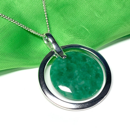 Large silver round shaped dark green real jade necklace