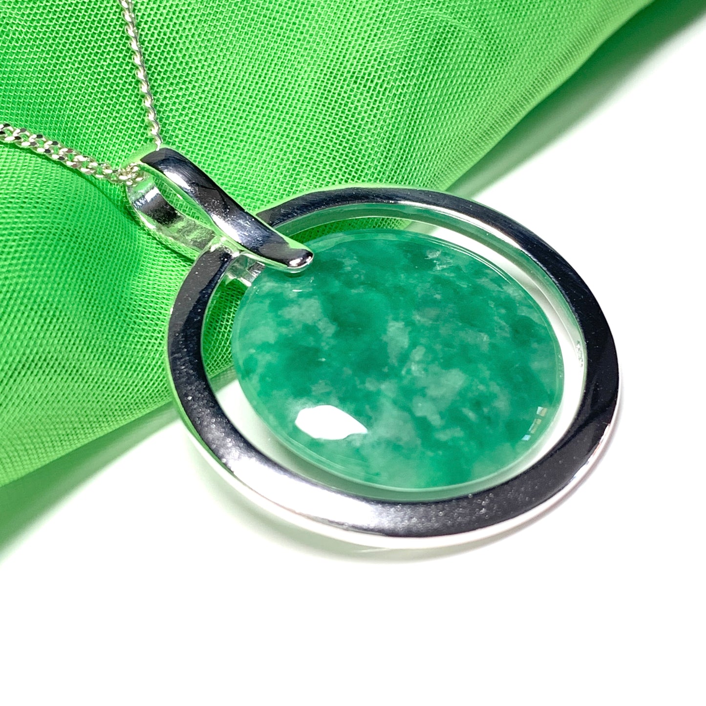 Large silver round shaped dark green real jade necklace