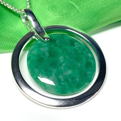 Large silver round shaped dark green real jade necklace