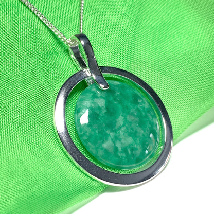 Large silver round shaped dark green real jade necklace