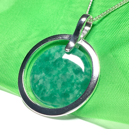 Large silver round shaped dark green real jade necklace