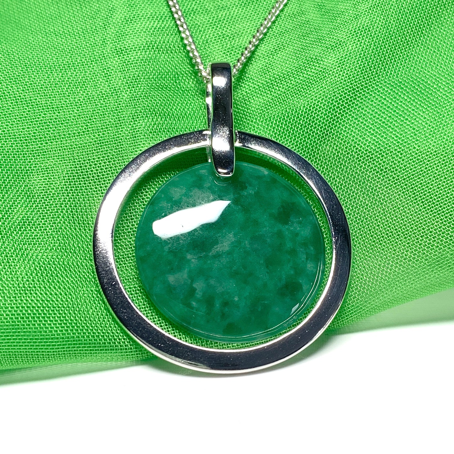 Large silver round shaped dark green real jade necklace
