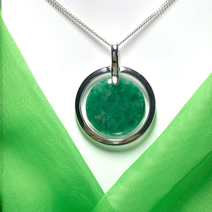 Large silver round shaped dark green real jade necklace