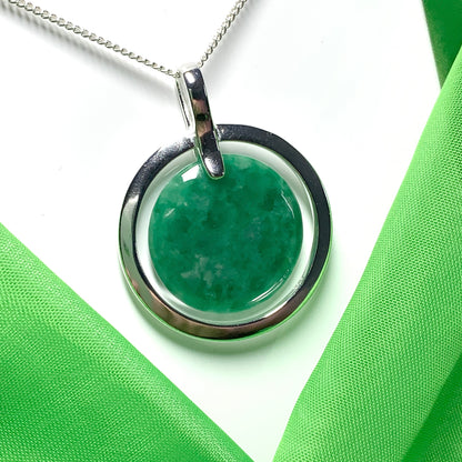 Large silver round shaped dark green real jade necklace