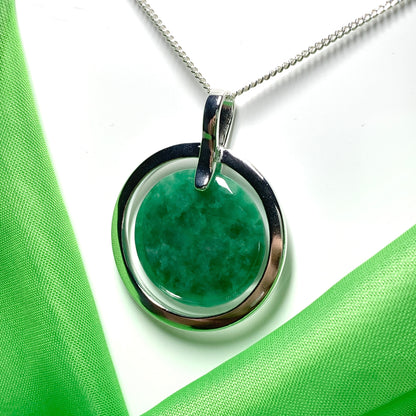 Large silver round shaped dark green real jade necklace