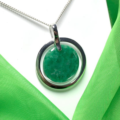 Large silver round shaped dark green real jade necklace