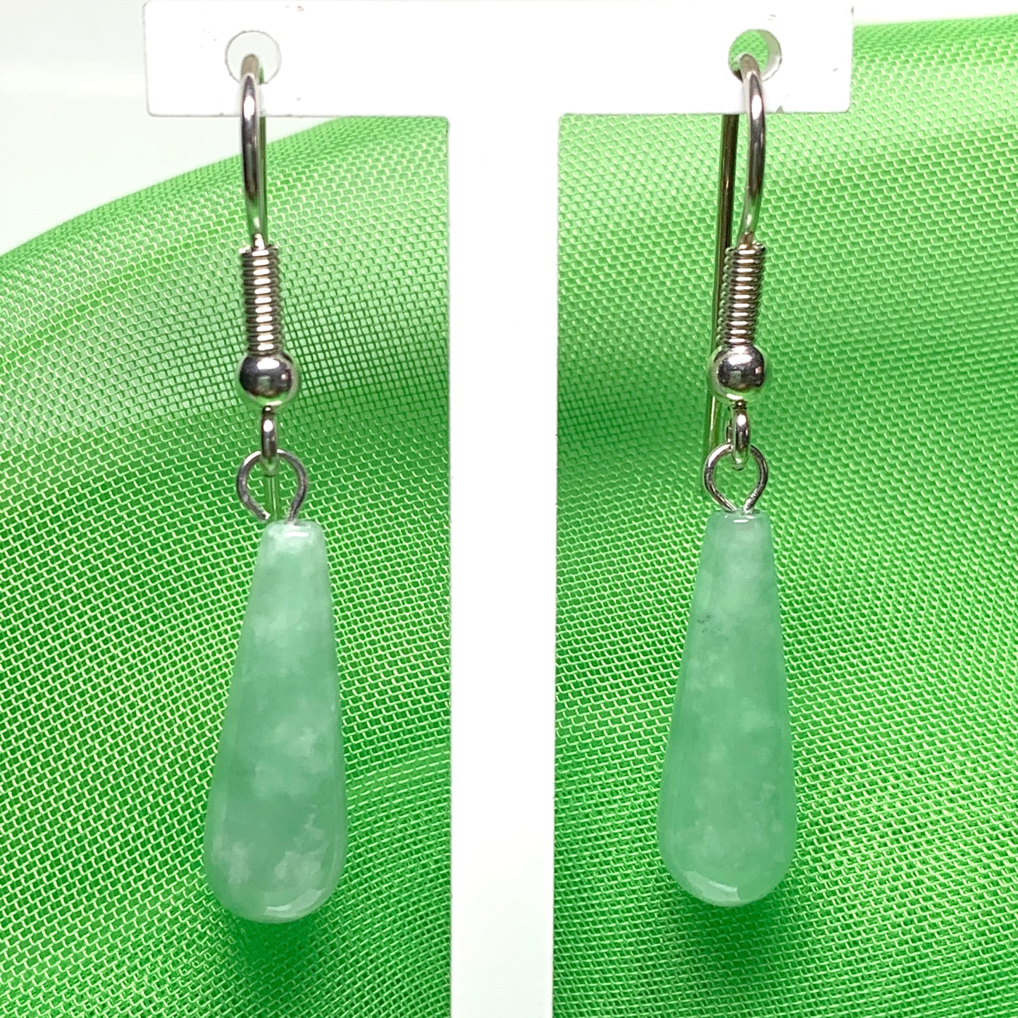 Light Green Jade Medium Teardrop Shaped Sterling Silver Drop Earrings