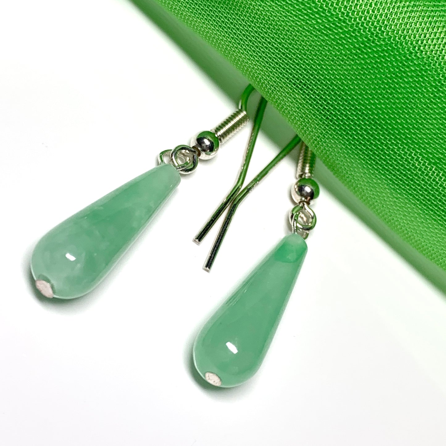 Light Green Jade Medium Teardrop Shaped Sterling Silver Drop Earrings