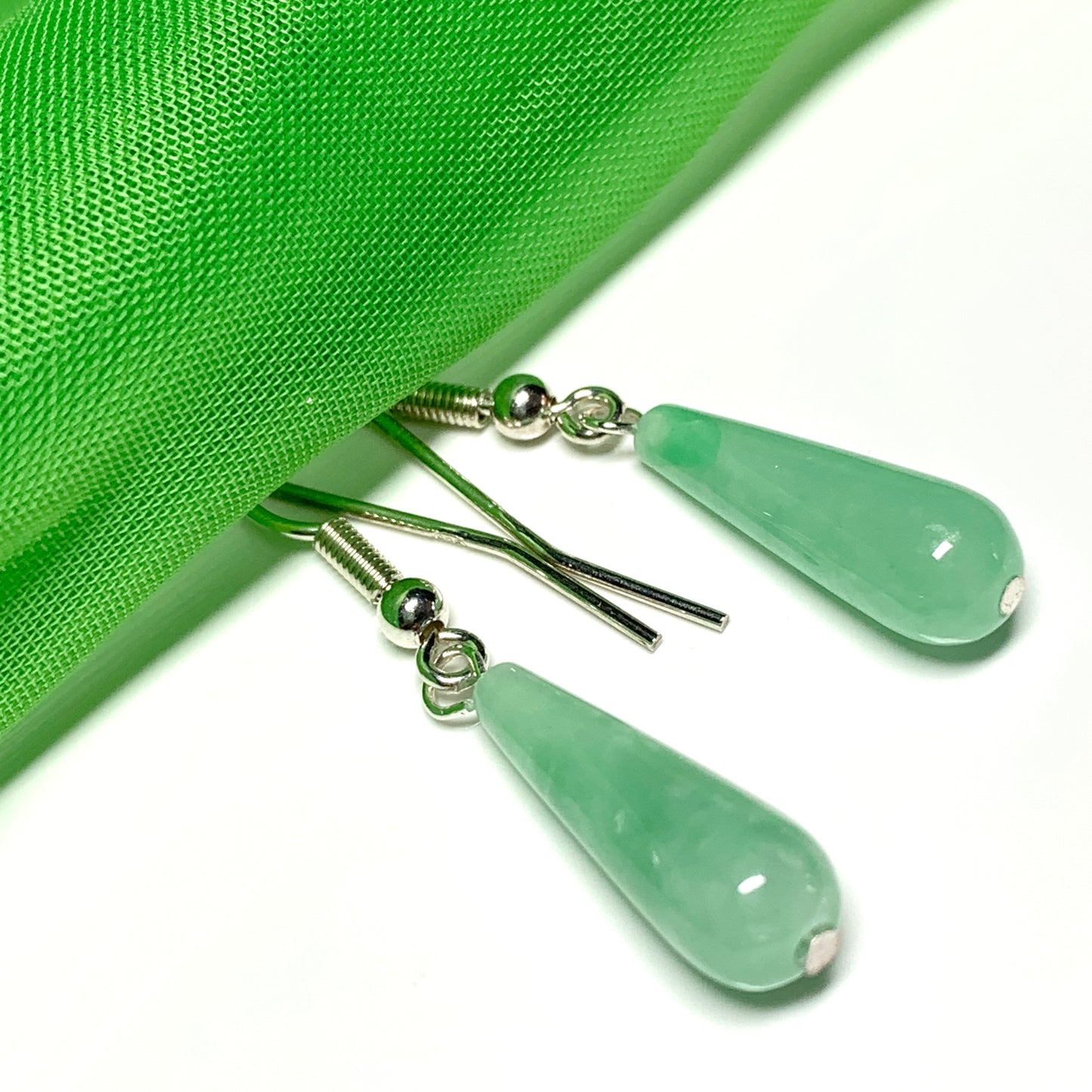 Light Green Jade Medium Teardrop Shaped Sterling Silver Drop Earrings