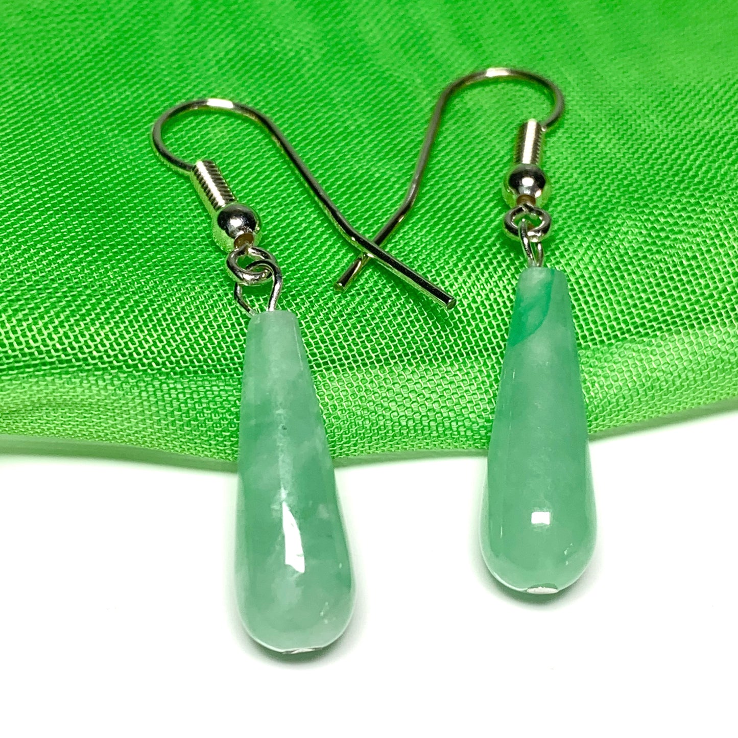 Light Green Jade Medium Teardrop Shaped Sterling Silver Drop Earrings