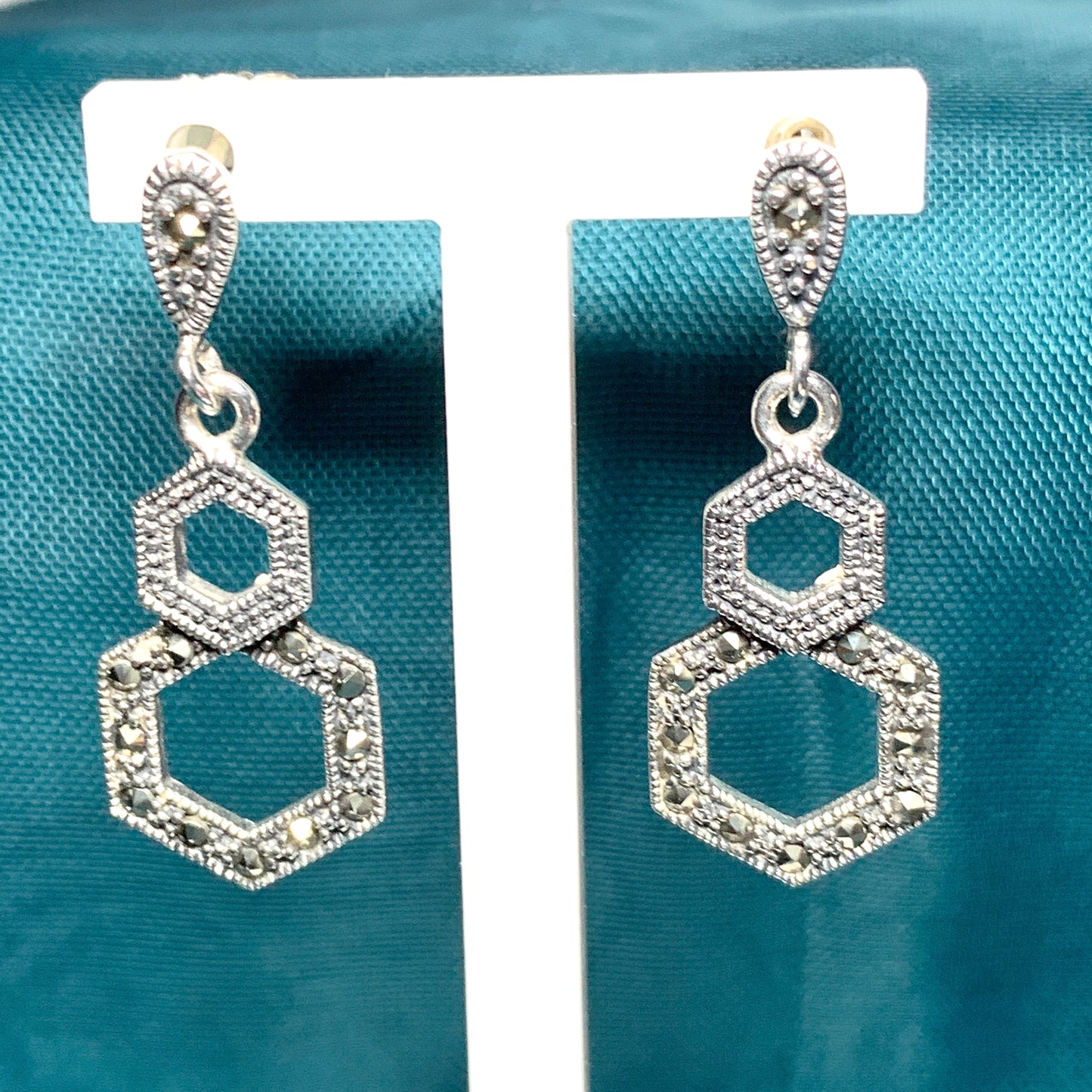 Marcasite Drop Earrings Double Hexagon Sterling Silver