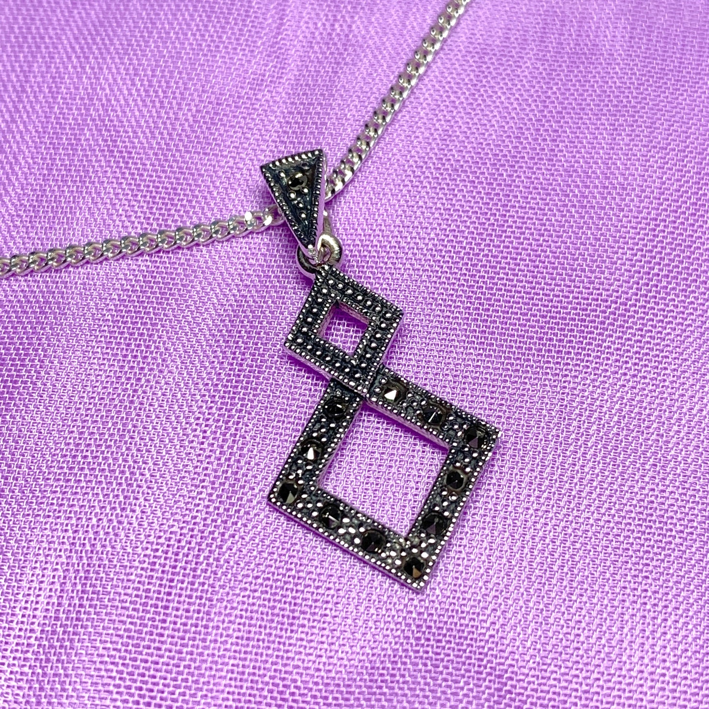Marcasite Necklace Double Diamond Square Sterling Silver