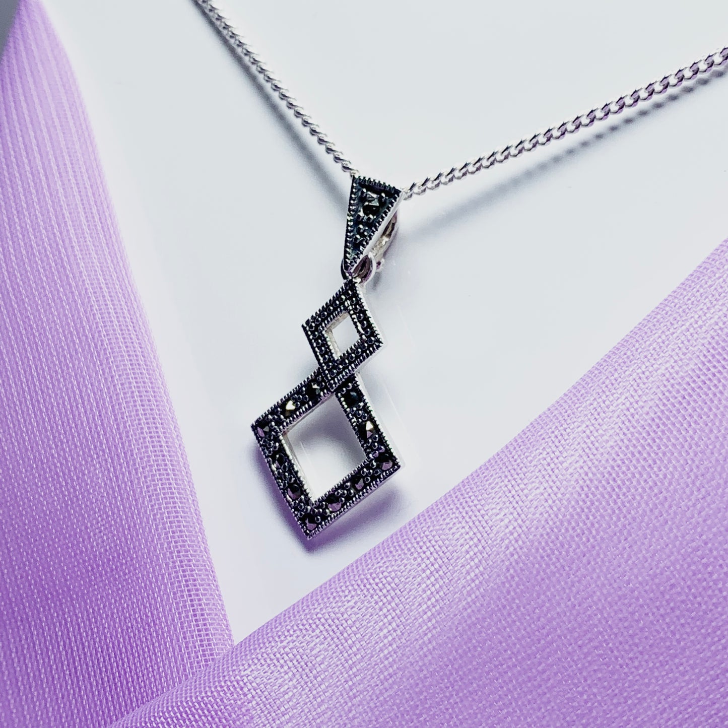Marcasite Necklace Double Diamond Square Sterling Silver