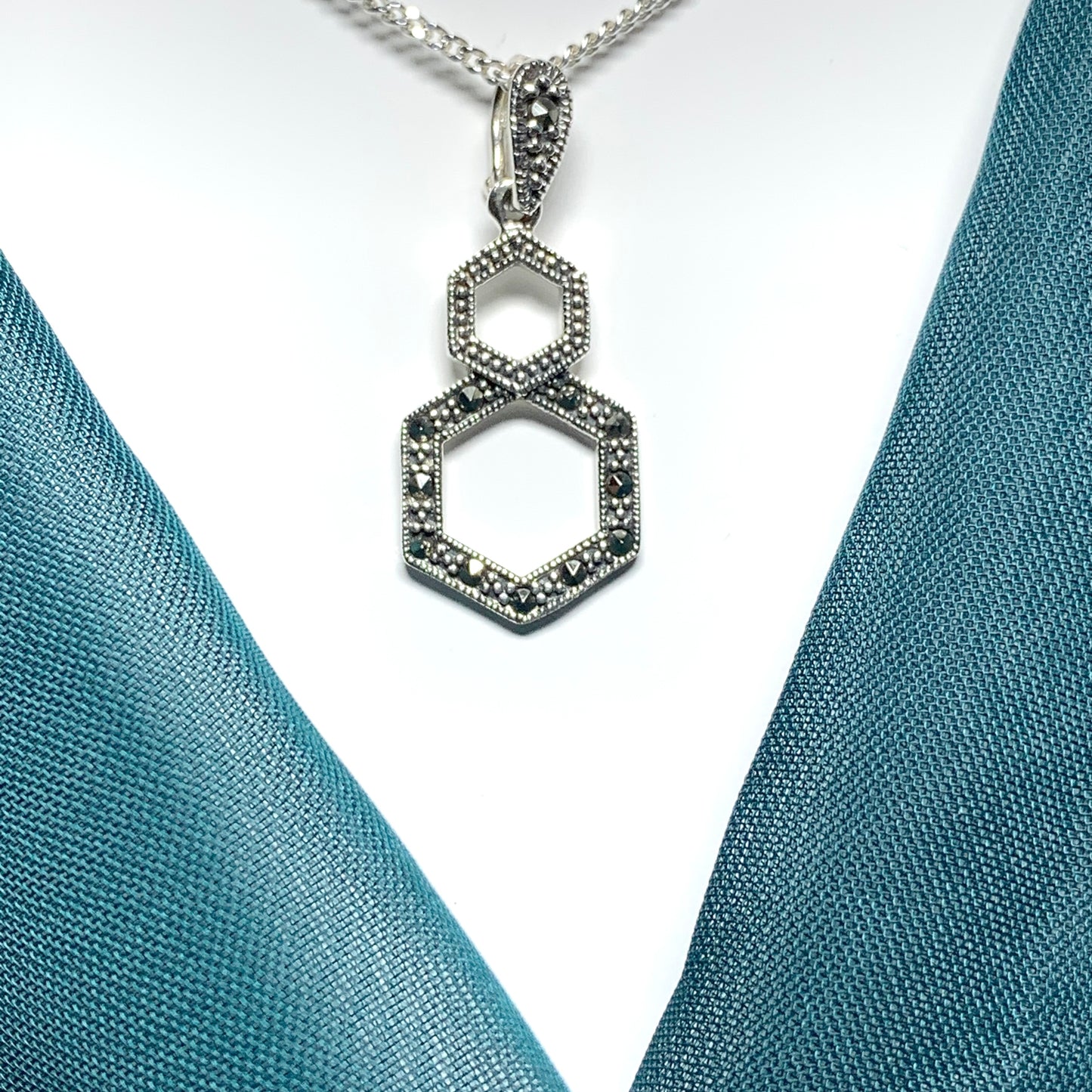 Marcasite Necklace Double Hexagon Sterling Silver