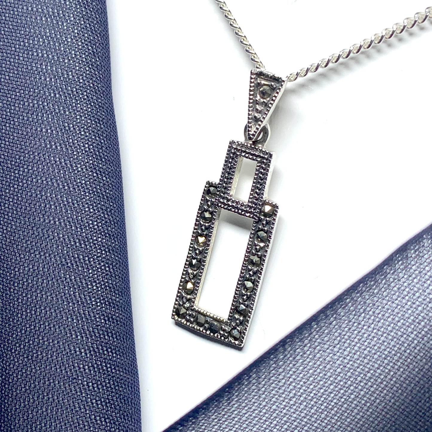 Marcasite Necklace Rectangle Shaped Sterling Silver