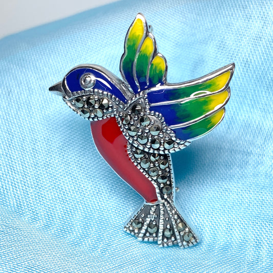 Marcasite flying hummingbird sterling silver brooch