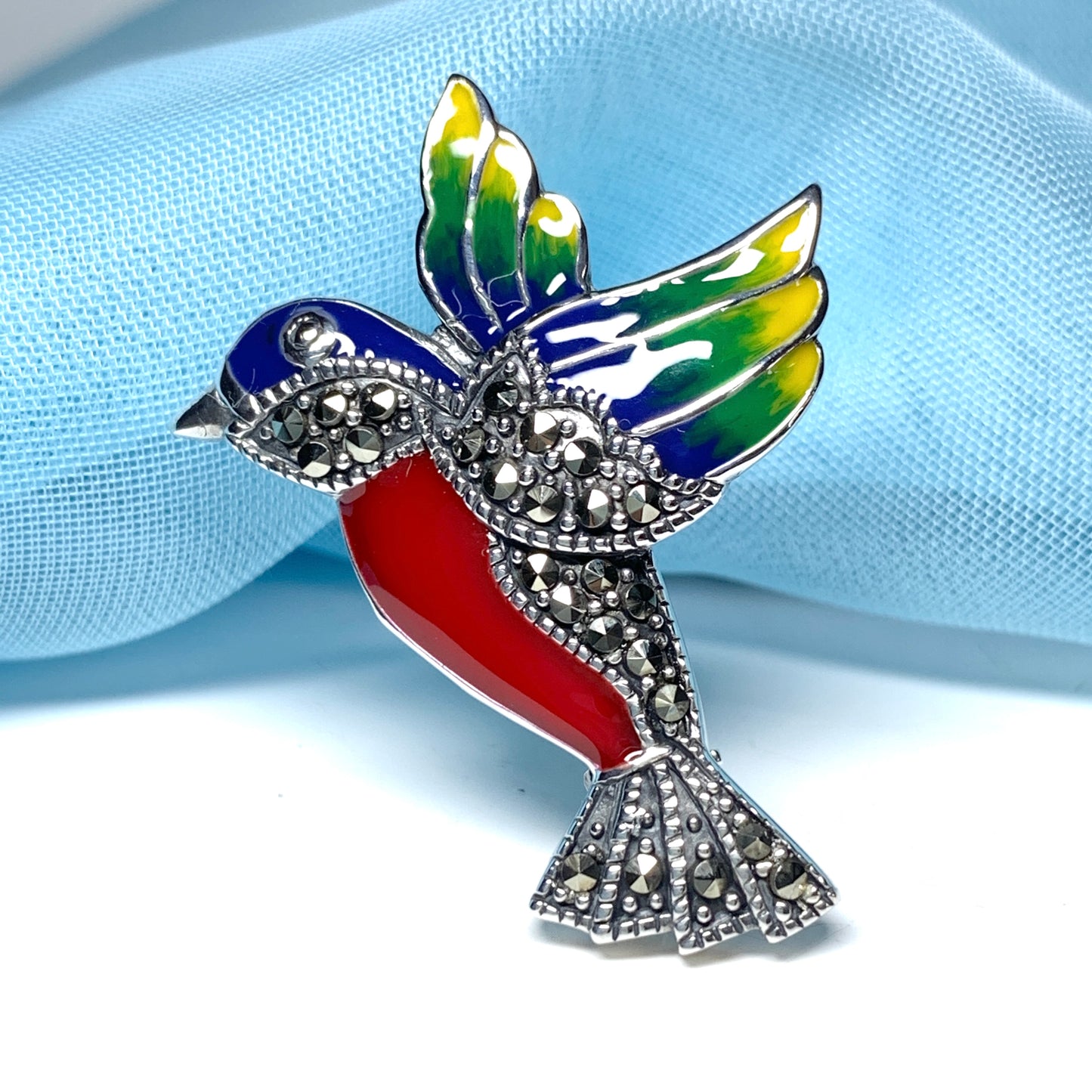 Marcasite flying hummingbird sterling silver brooch