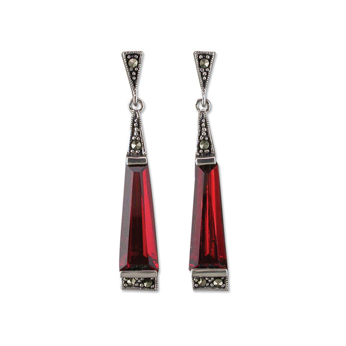 Marcasite sterling silver long drop earrings with garnet coloured stones