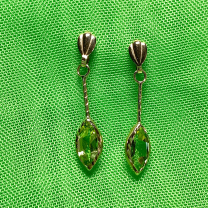 Marquise shaped peridot yellow gold drop earrings