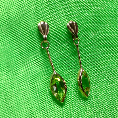 Marquise shaped peridot yellow gold drop earrings