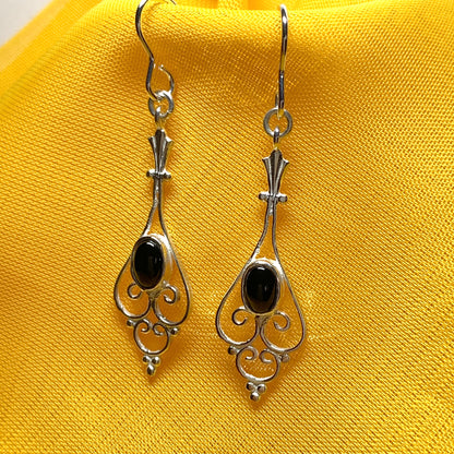 Patterned sterling silver black oval onyx drop earrings