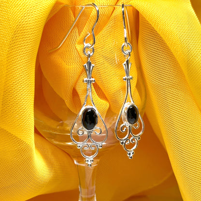 Patterned sterling silver black oval onyx drop earrings