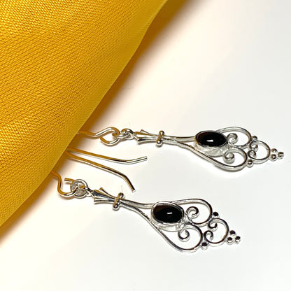 Patterned sterling silver black oval onyx drop earrings