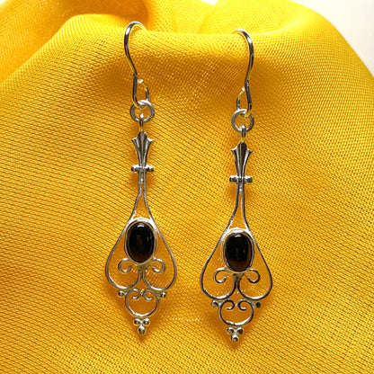 Patterned sterling silver black oval onyx drop earrings