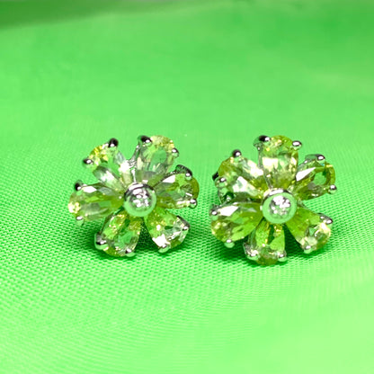 Peridot and diamond silver green daisy petal cluster earrings