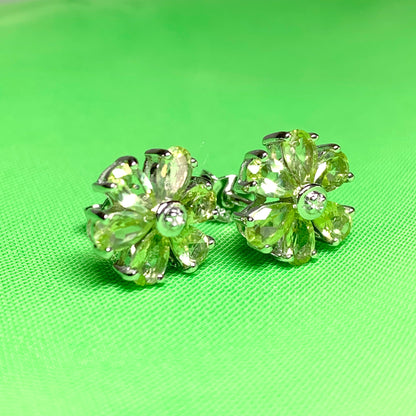 Peridot and diamond silver green daisy petal cluster earrings