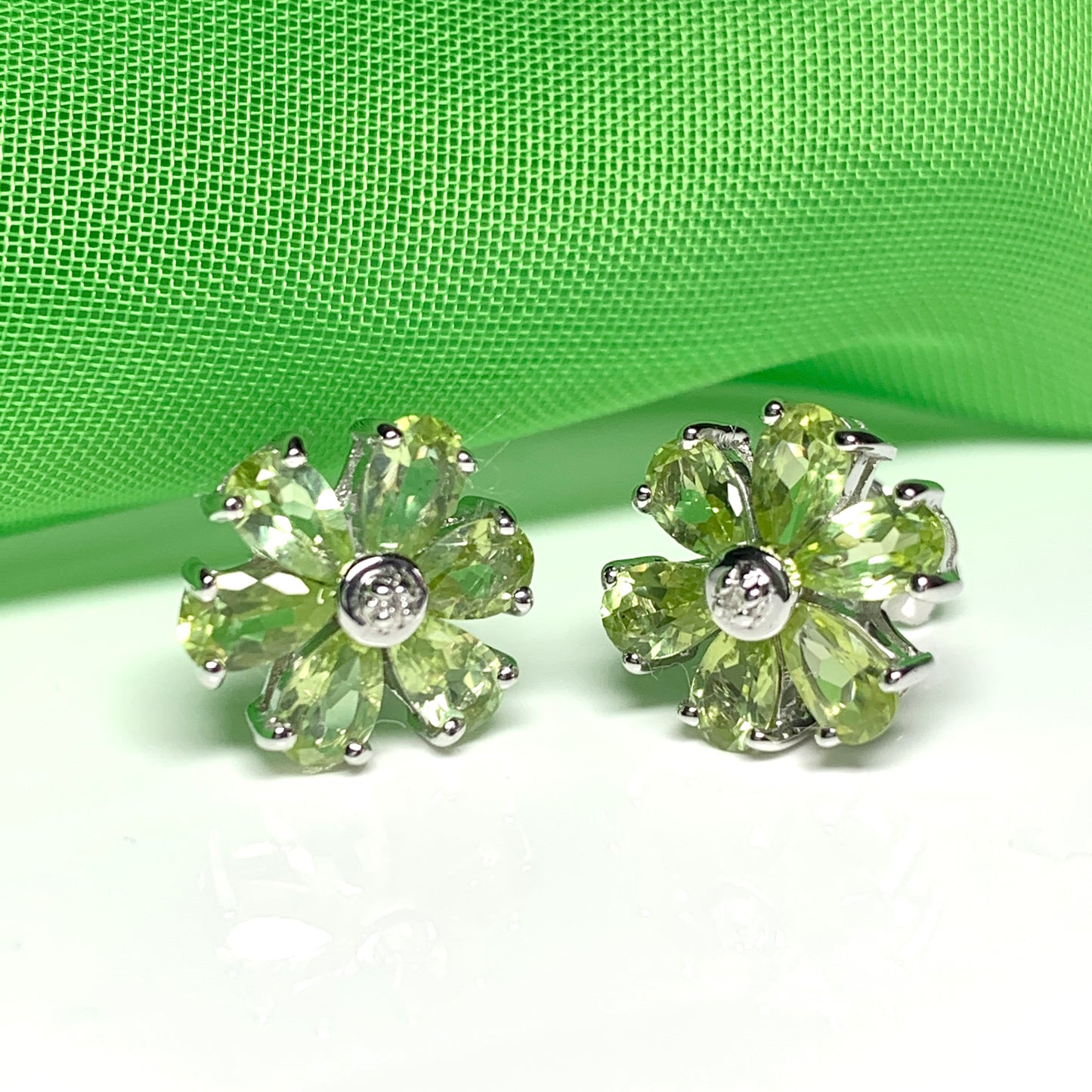 Peridot and diamond silver green daisy petal cluster earrings