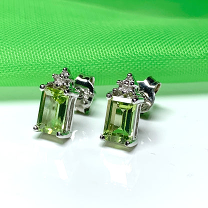 Peridot and diamond silver stud earrings