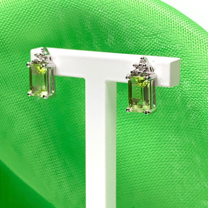 Peridot and diamond silver stud earrings