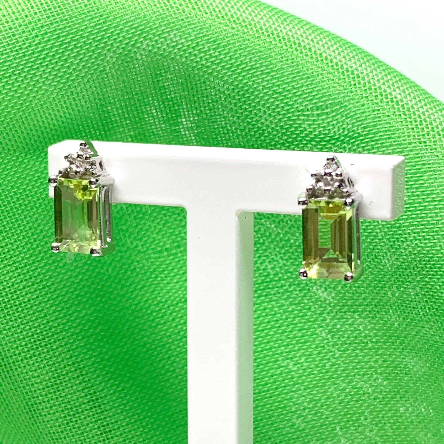 Peridot and diamond silver stud earrings