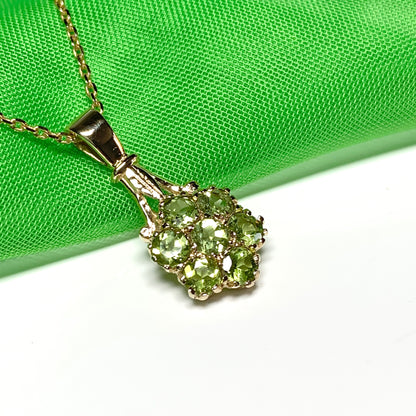 Peridot round cluster yellow gold necklace