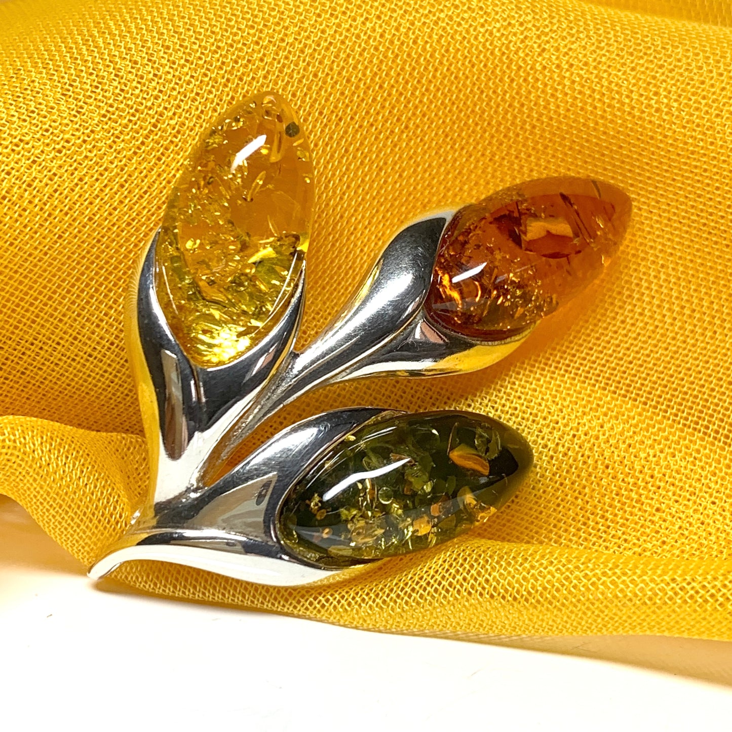 Petal silver multi coloured amber brooch