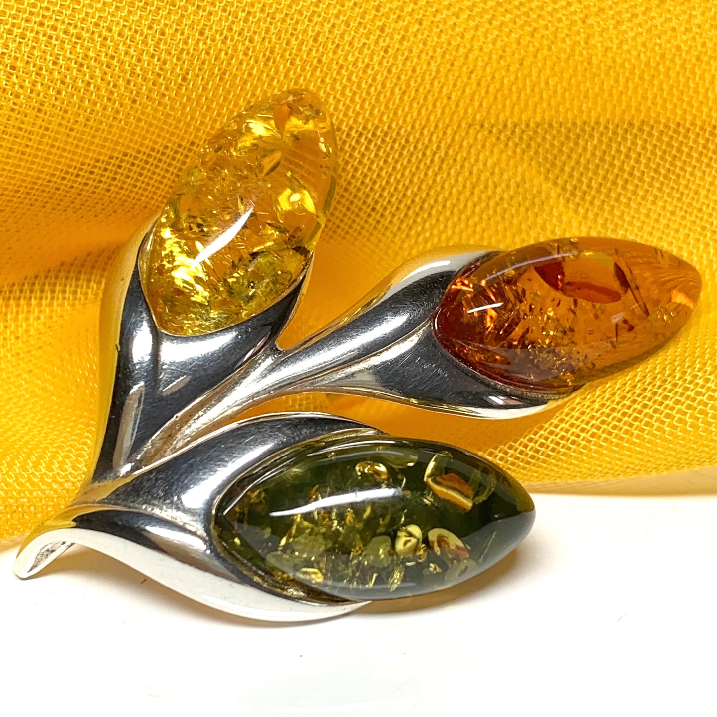 Petal silver multi coloured amber brooch