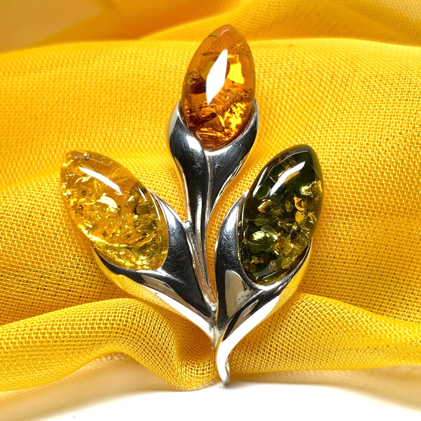 Petal silver multi coloured amber brooch